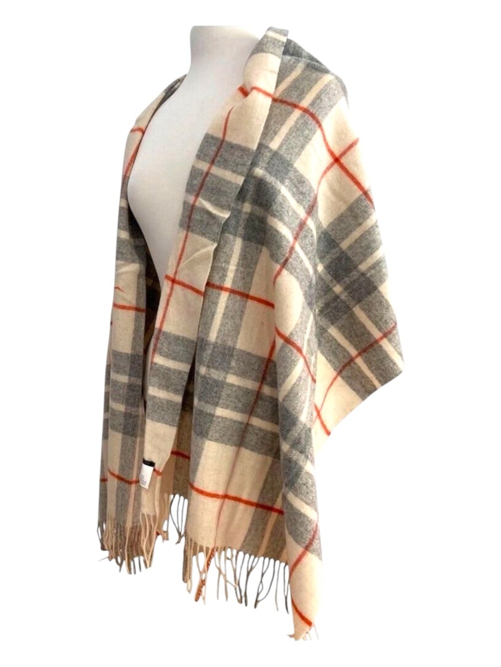 J. Crew Cozy Pinky Beige Gray Plaid 100% Wool  Blend Scarf With Fringe red grey